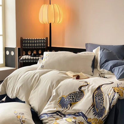 Decobites Red-crowned Crane Embroidery Bedding Set, 40S Washed Cotton, Soft & Skin Friendly