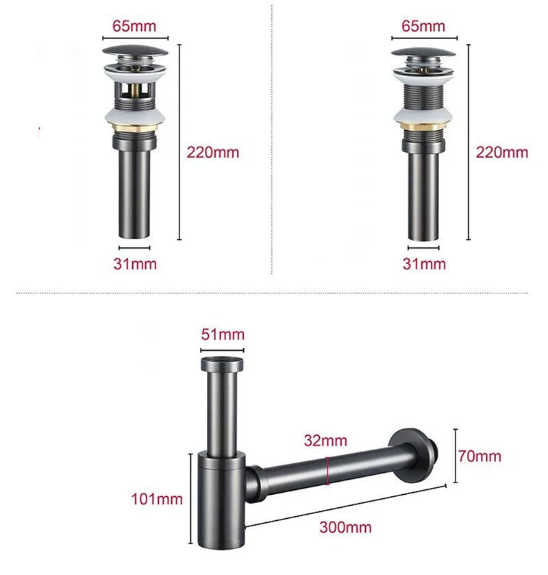 DecorBites™ Brass Round Siphon P-Trap Set with Pop-Up Drainer Gun Grey