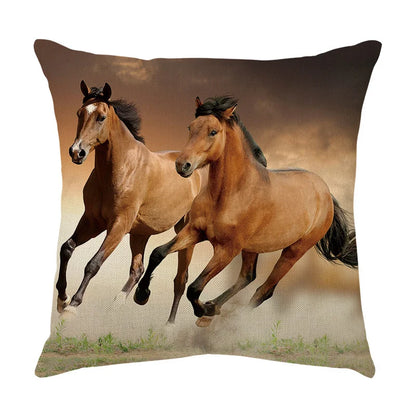 Funda de almohada DecorBites™ con estampado de caballo al galope: Funda de cojín de lino con estampado de caballo salvaje para decoración del hogar.