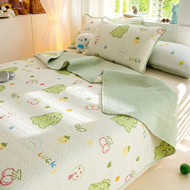 DecorBites™ Cartoon Print Foldable Bed Cover Set | Cotton Quilted Cushion Mat