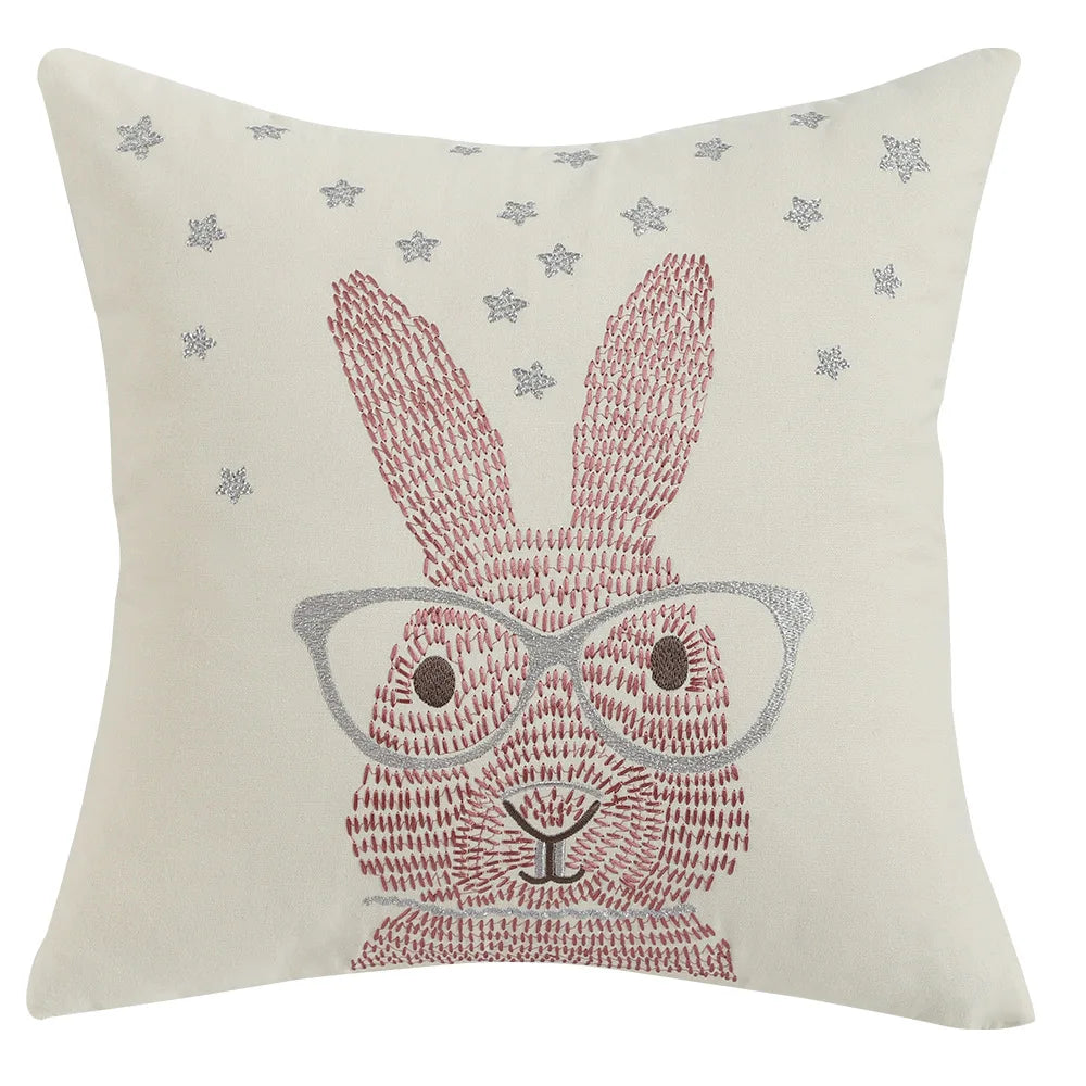 DecorBites™ Bunny Cushion Cover Pink White Floral Embroidered Easter Home Sofa Decoration