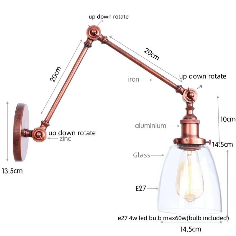 DecorBites™ مصباح حائط LED بذراع دوارة زجاجي قابل للتعديل مع مفتاح سلسلة سحب