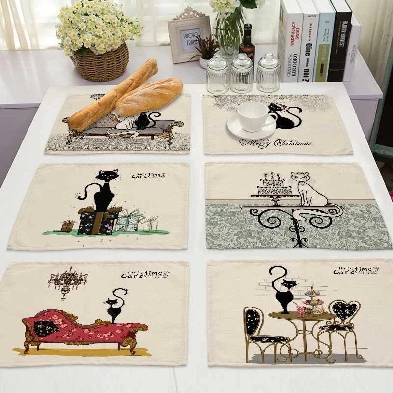 DecorBites™ Black Cat Linen Placemat Set for Dining Table & Kitchen Decor