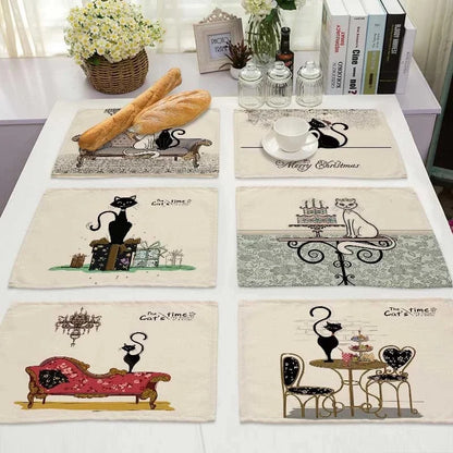 DecorBites™ Black Cat Linen Placemat Set for Dining Table & Kitchen Decor