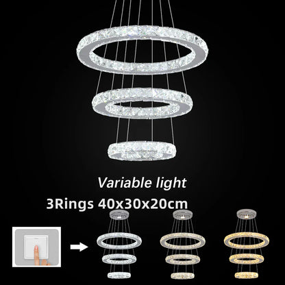 DecorBites™ Crystal Chrome LED Pendant Light Rings Chandelier for Living Room Bedroom
