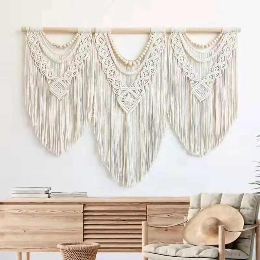 Decobites Large Hand-Woven Macrame Wall Hanging Tapestry with Wooden Stick & Tassels