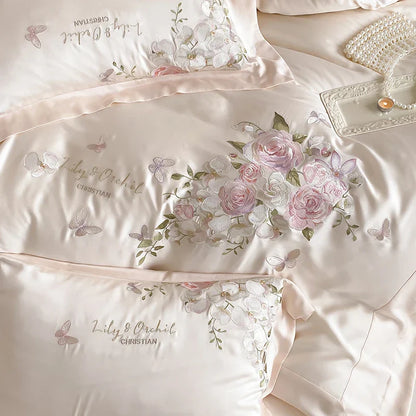 Decobites Butterfly Flowers Embroidery Bedding Set 800TC Soft Silky Duvet Cover Set