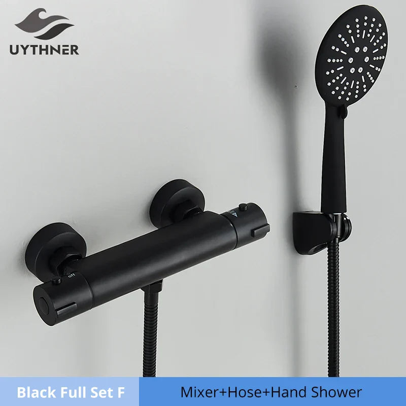 طقم دش ترموستاتي DecorBites™ أسود/كروم مع خلاط مثبت على الحائط من النحاس مع بخاخ