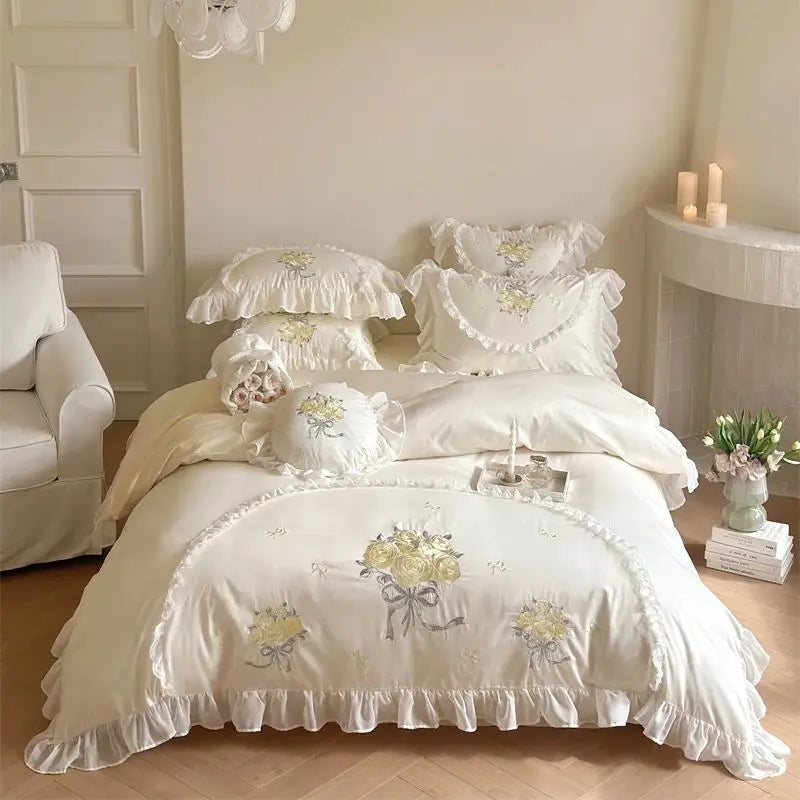 Decobites Pink Rose Embroidered Lace Ruffles Bedding Set for Girls