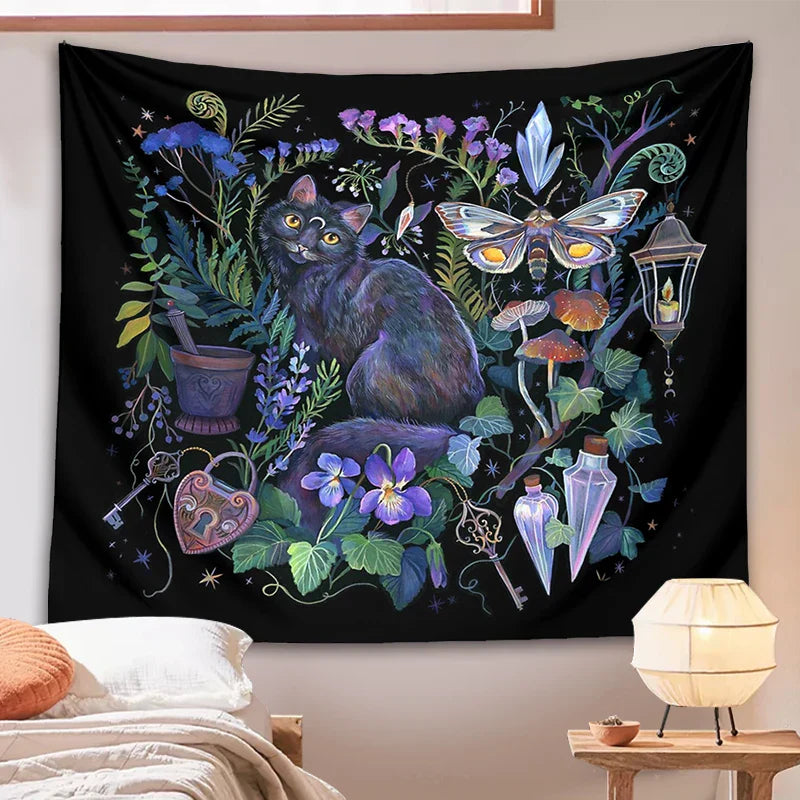 Boho Garden Tapestry Moon Moth Psychedelic Botanical Wall Hanging by Decobites.