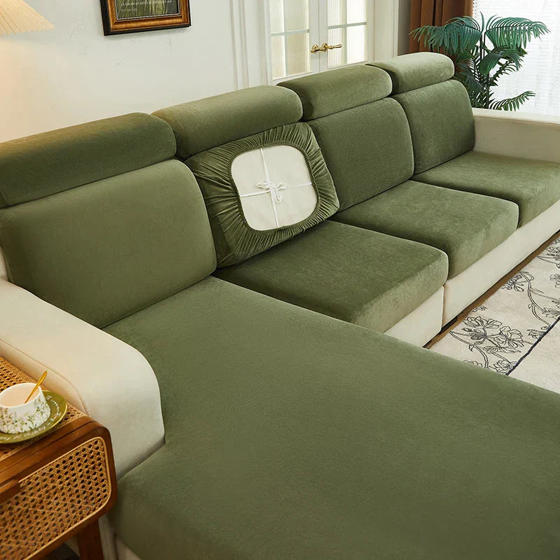 Decobites Velvet Sofa Cover: Single Loveseat L-shaped Protector in Polar Fleece Stretch Fabric.