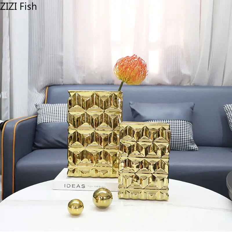 DecorBites™ Golden Square Ceramic Vase with Artificial Flowers for Room Aesthetic Decor