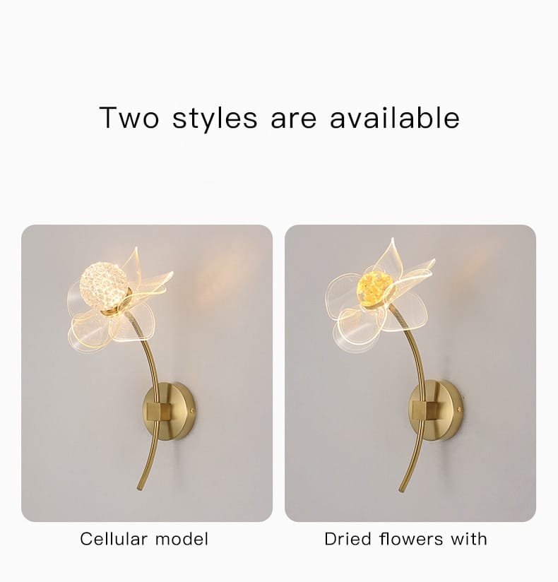 creative floral decorative gold led wall lamp featuring a delicate flower design with translucent petals and an illuminated center for bedroom use