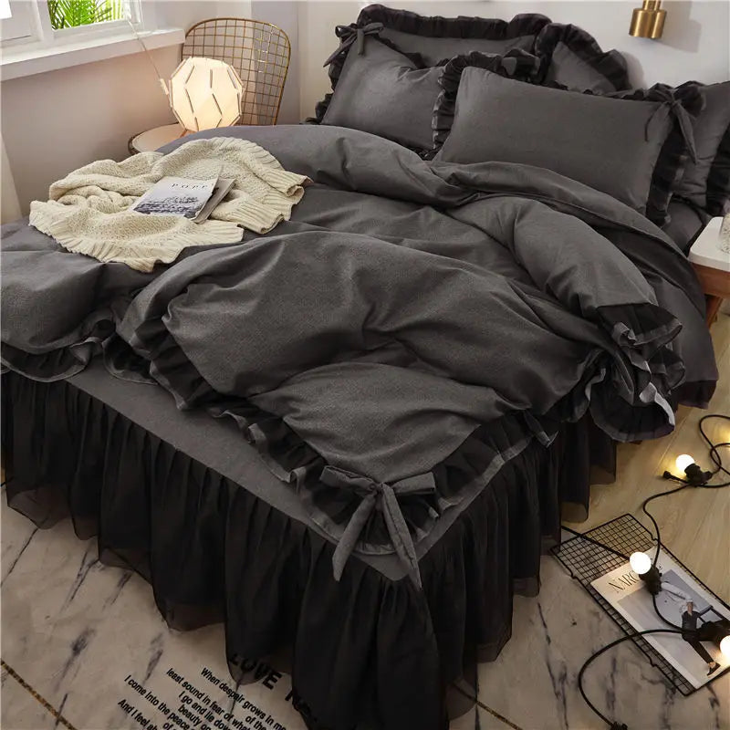 Decorbites™ Korean Bettrocken-Set mit Rüschenkanten – Einfarbig, hautfreundliches Bettwäsche-Set