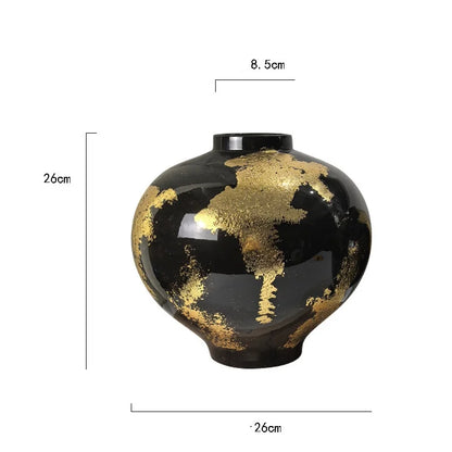 مزهرية خزفية من ديكوربايتس™ بنقشة ورق ذهبي - أصيص زهور مصنوع يدويًا لتزيين المنزل
