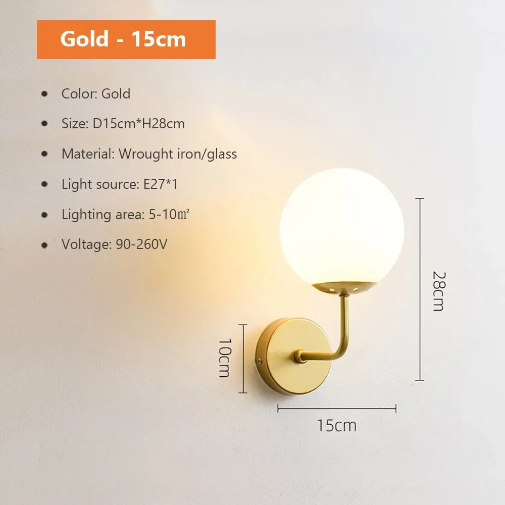 DecorBites™ Glass Shade Gold Wall Lamp Bedroom Bedside Spherical Aisle Light