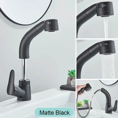 صنبور حوض أسود من DecorBites™: خلاط حوض قابل للسحب مع دوران 360 درجة ورذاذ ساخن وبارد