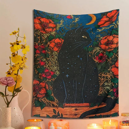 Black Cat Moon Tapestry Wall Hanging for Cute Aesthetics Home Decor by Decobites