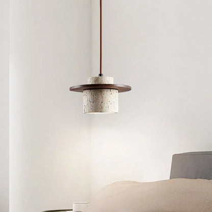 Modern Travertine Stone Pendant Light With Walnut Accent