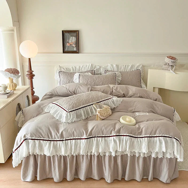 DecorBites™ Lace Ruffles Bedding Set: 4pcs Solid Color Princess Quilt Cover, Bed Skirt, 100% Cotton Pillowcase