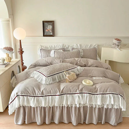DecorBites™ Lace Ruffles Bedding Set: 4pcs Solid Color Princess Quilt Cover, Bed Skirt, 100% Cotton Pillowcase