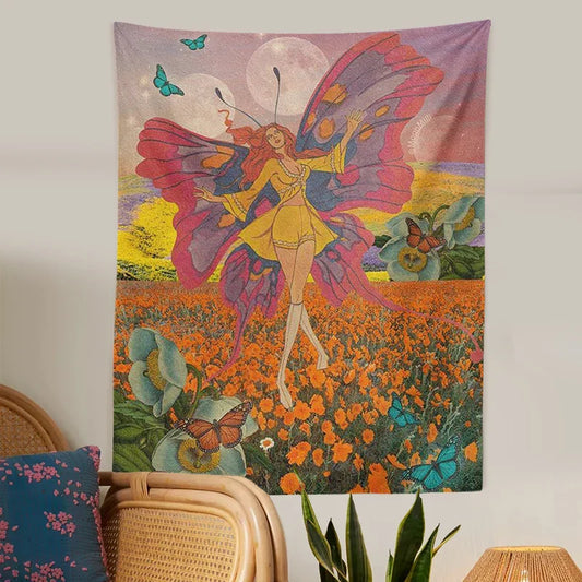 DecorBites™ Butterfly Girl Wall Hanging: Vintage 70s Tapestry for Trippy Hippie Dorm Decor.