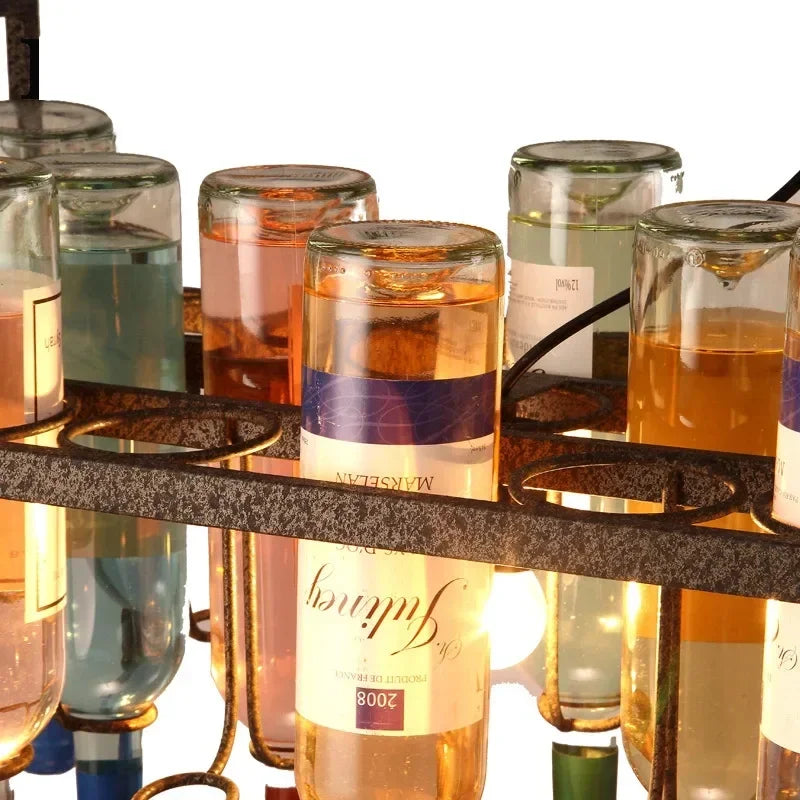 DecorBites™ Industrial Metal Wine Bottle Chandelier for Coffee Shop Bar LED Decor