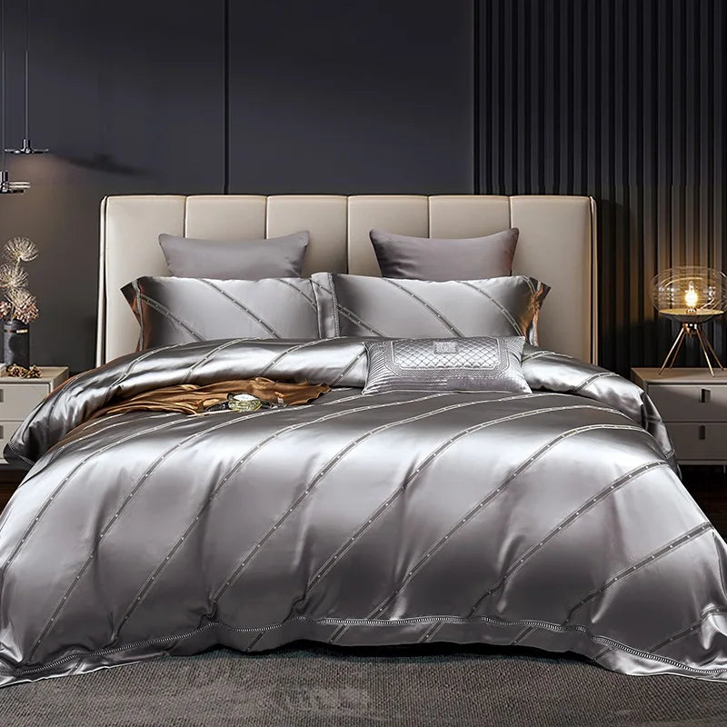 DecorBites™ Gold Leaves Jacquard Cotton Bedding Set with Smooth Egyptian Cotton Duvet Cover
