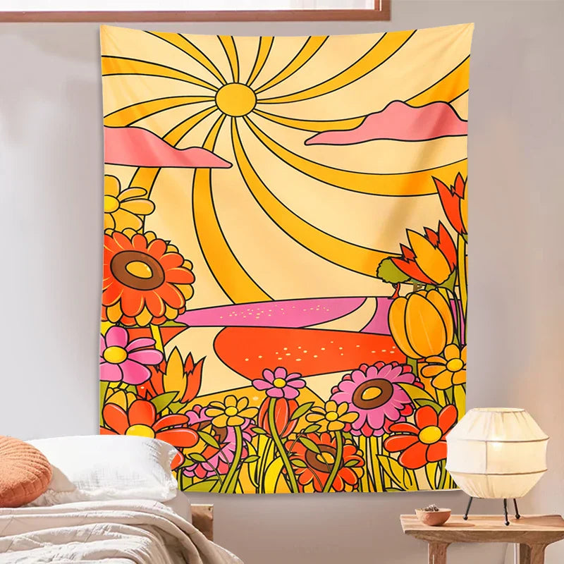 Decobites Retro Floral Rainbow Sun Wall Hanging: Abstract Landscape Vintage Art