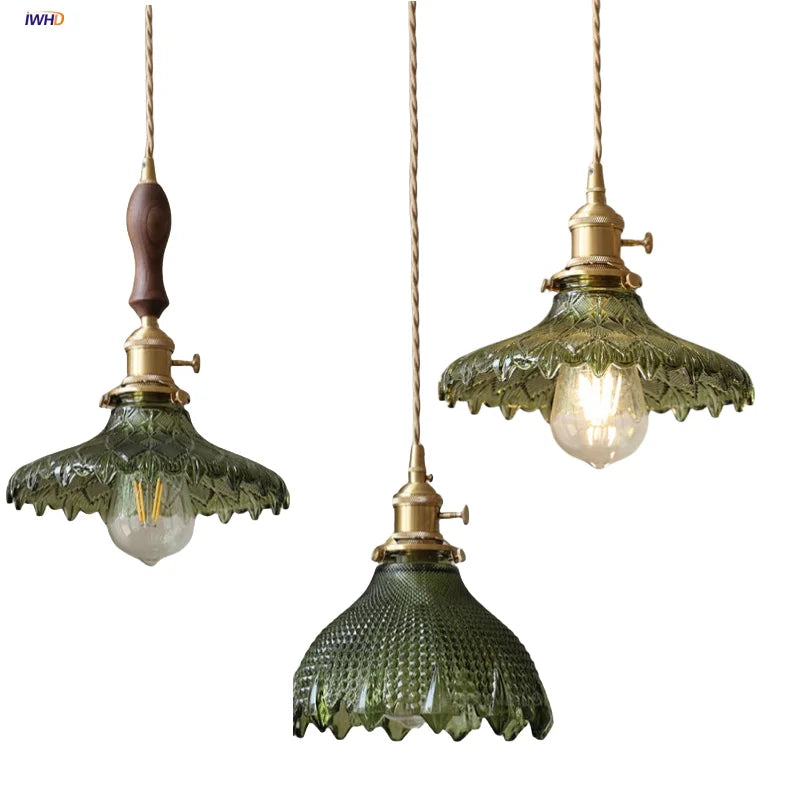 DecorBites™ Green Glass LED Pendant Lights with Walnut Wood Hanging Lamp
