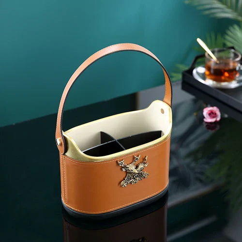 DecorBites™ Brown Leather Desktop Storage Basket and Tissue Box