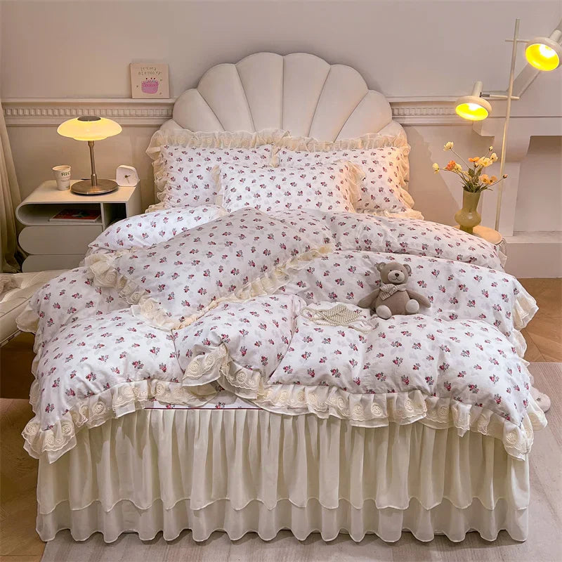 Decobites Princess Lace Ruffles Floral Bedding Set with Duvet Cover and Bed Skirt