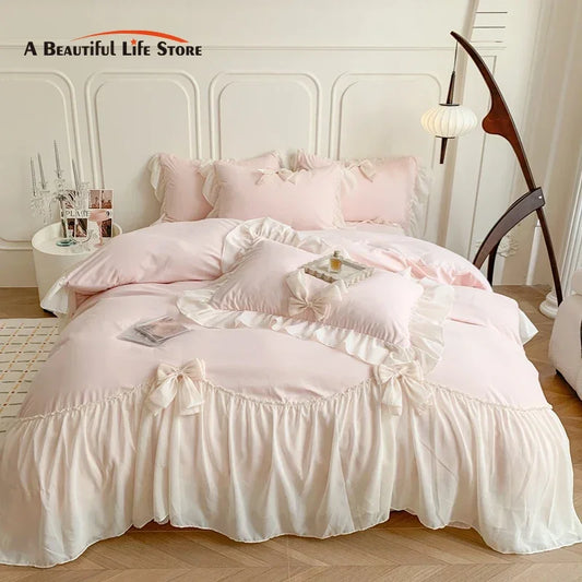 Decobites Pink French Princess Lace Ruffle Bow Bedding Set - Single Queen King