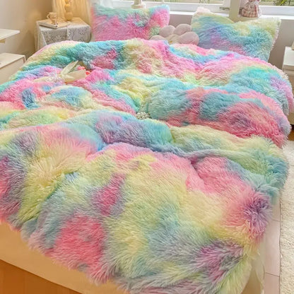 Decobites Shaggy Faux Rabbit Fur Bedding Set: Cozy Gradient Coral Fleece Quilt, Duvet Cover, Pillowcases