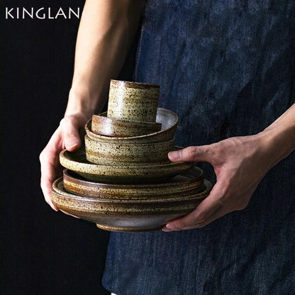 DecorBites™ Japanese Style Handmade Stoneware Dinnerware Set - Round Plates and Bowls