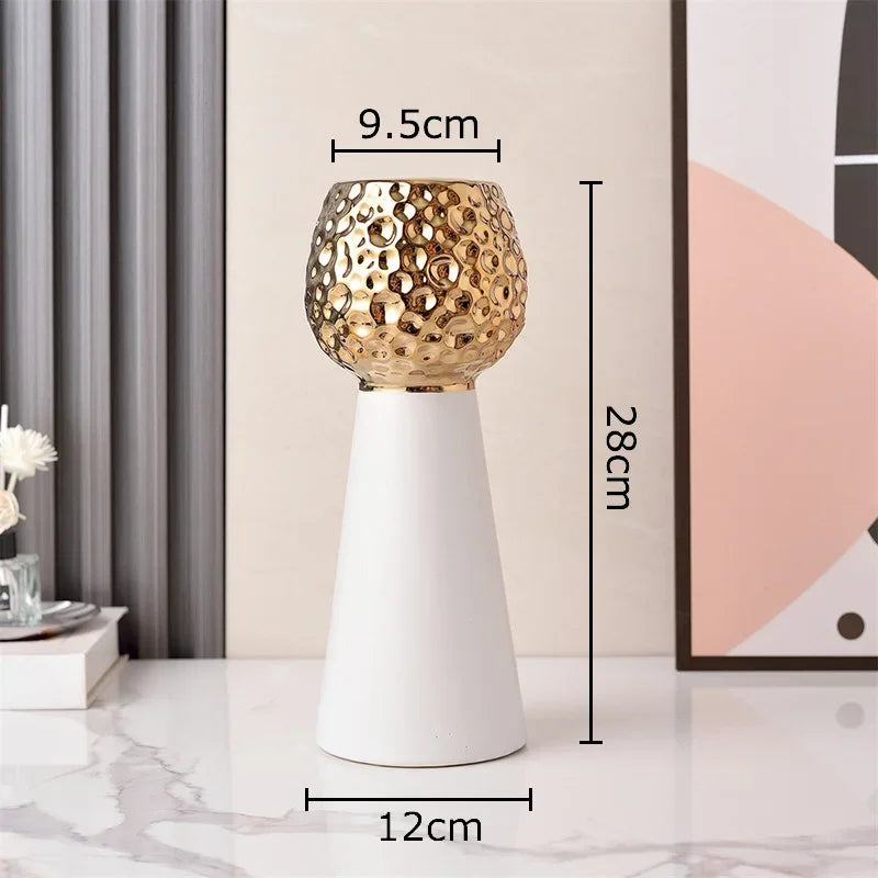 Jarrón de cerámica con patrón de martillo dorado Decorbites™: Maceta creativa para decoración de mesa y arreglo floral