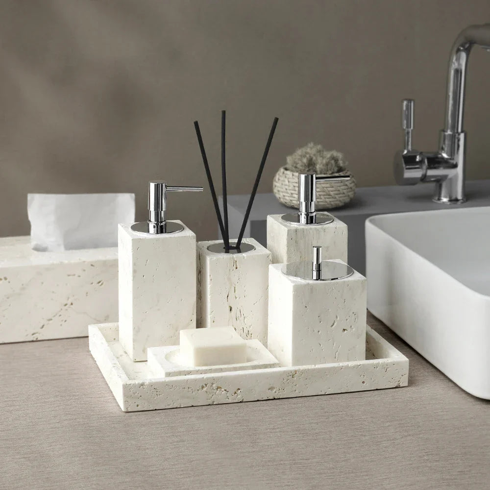 DecorBites™ Beige Travertine Marble Bathroom Set - Soap Dispenser Toothbrush Holder Tissue Box