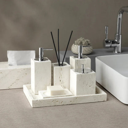 DecorBites™ Beige Travertine Marble Bathroom Set - Soap Dispenser Toothbrush Holder Tissue Box