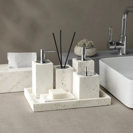 DecorBites™ Beige Travertine Marble Bathroom Set - Soap Dispenser Toothbrush Holder Tissue Box