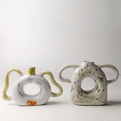 DecorBites™ Abstract Handle Ceramic Vase for Floral Arrangements and Home Decoration