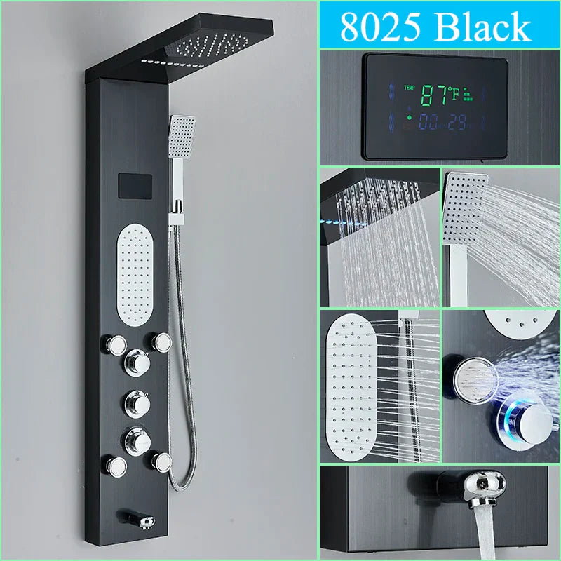 DecorBites™ LED Shower Panel Column Faucet with Rainfall Waterfall, Back Jet, Mixer Tap