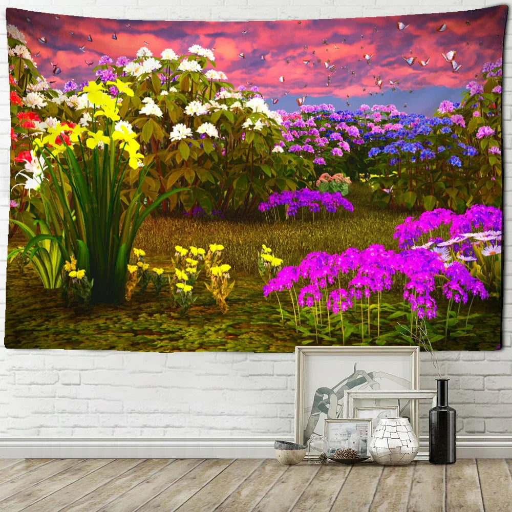 Rhododendron Bush Landscape Tapestry by Decobites: Psychedelic Hippie Wall Decor for Living Room