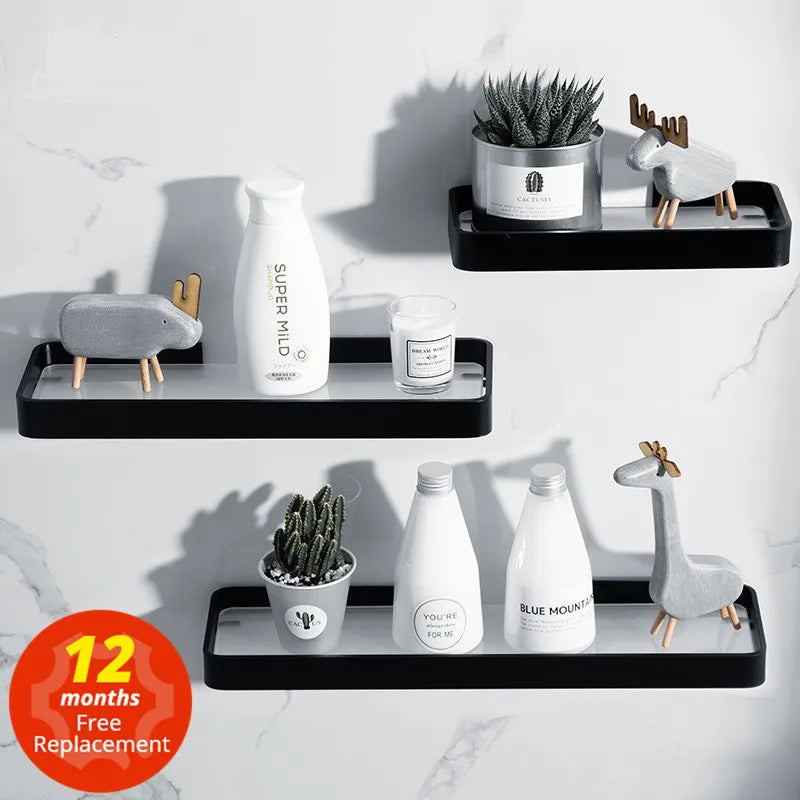 رف زاوية حمام زجاجي أسود من DecorBites™، رف مستحضرات تجميل من الألومنيوم لغرفة الاستحمام