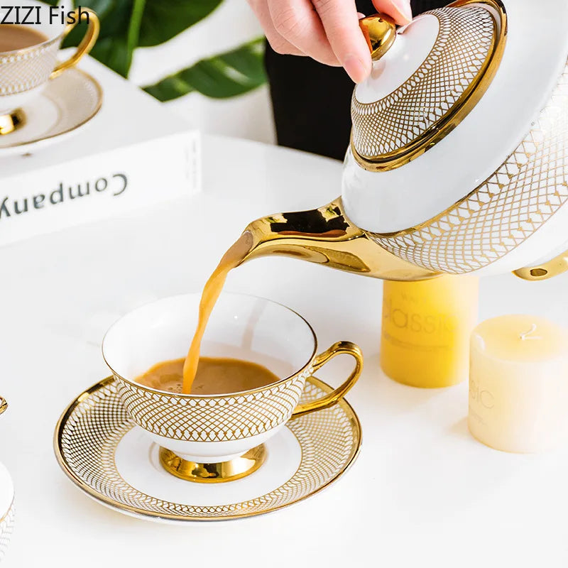 Juego de té de cerámica dorada Decorbites™ para mesa de comedor, taza de café, tetera, té de la tarde y recipiente para bebidas
