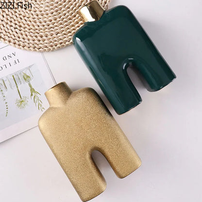 DecorBites™ Gold Ceramic Vase Desk Decor Artificial Flower Arrangement Aesthetic Room Vase