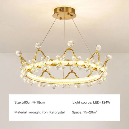DecorBites™ Crystal Chandelier: Nordic LED Luxury Round Crown Petal Design for Girls' Bedroom