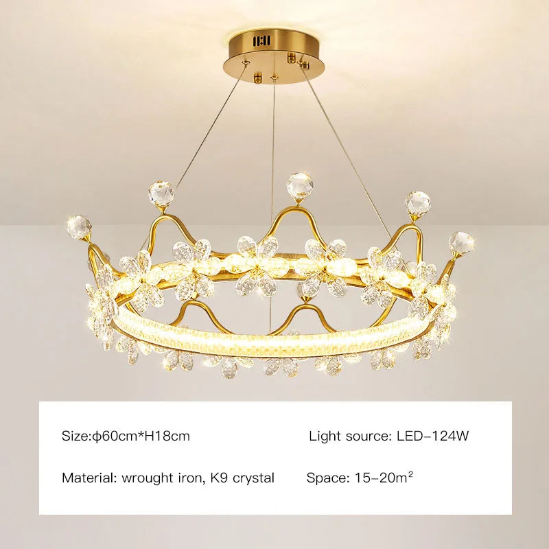 Lámpara de araña de cristal LED DecorBites™ Crown Petal: diseño nórdico de lujo para dormitorio infantil.