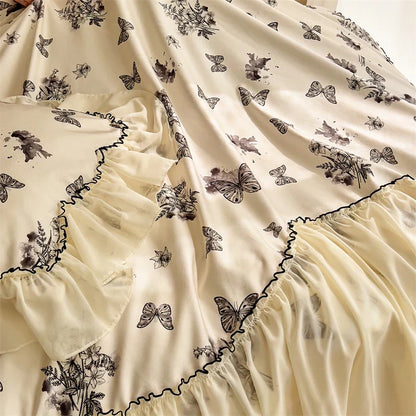 Decobites Beige Lace Ruffles Butterfly Flowers Print Bedding Set with Egyptian Cotton Quality