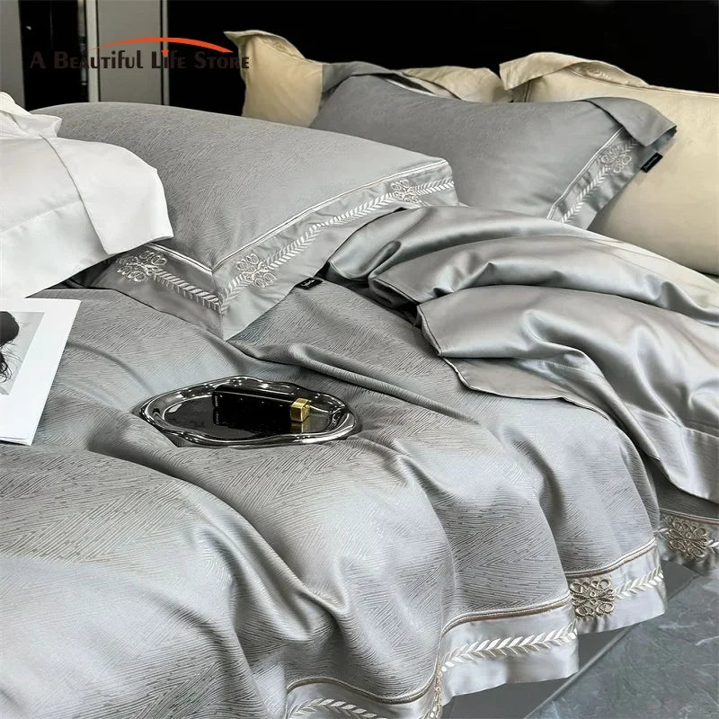 Decobites Luxury Embroidered Jacquard Bedding Set - Soft, Silky, Breathable Cotton Duvet Cover Set