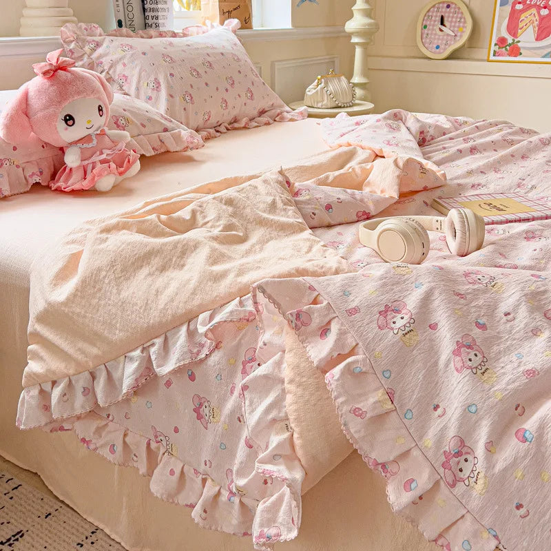 DecorBites™ Korean Cotton Patchwork Quilt with Lace and Ruffle for Summer